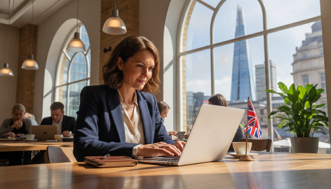 A high-quality, photorealistic shot of a professional entrepreneur working on a laptop in a bright, modern London cafe with the Shard visible through the window, symbolizing business growth in the UK.