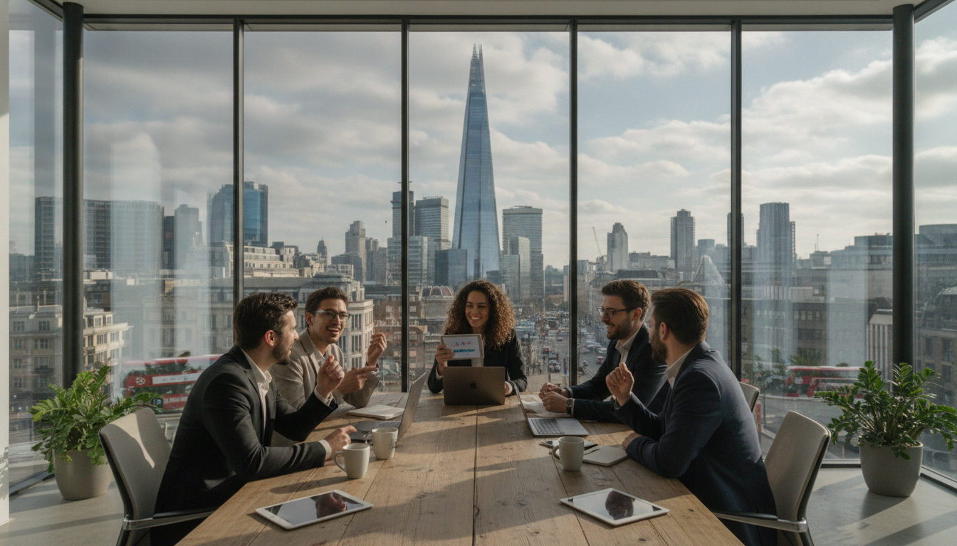 A wide-angle, photorealistic shot of a modern, glass-walled office in London with a view of the Shard in the background. A diverse group of young entrepreneurs is sitting around a wooden table with laptops and coffee cups, looking excited and collaborative.
