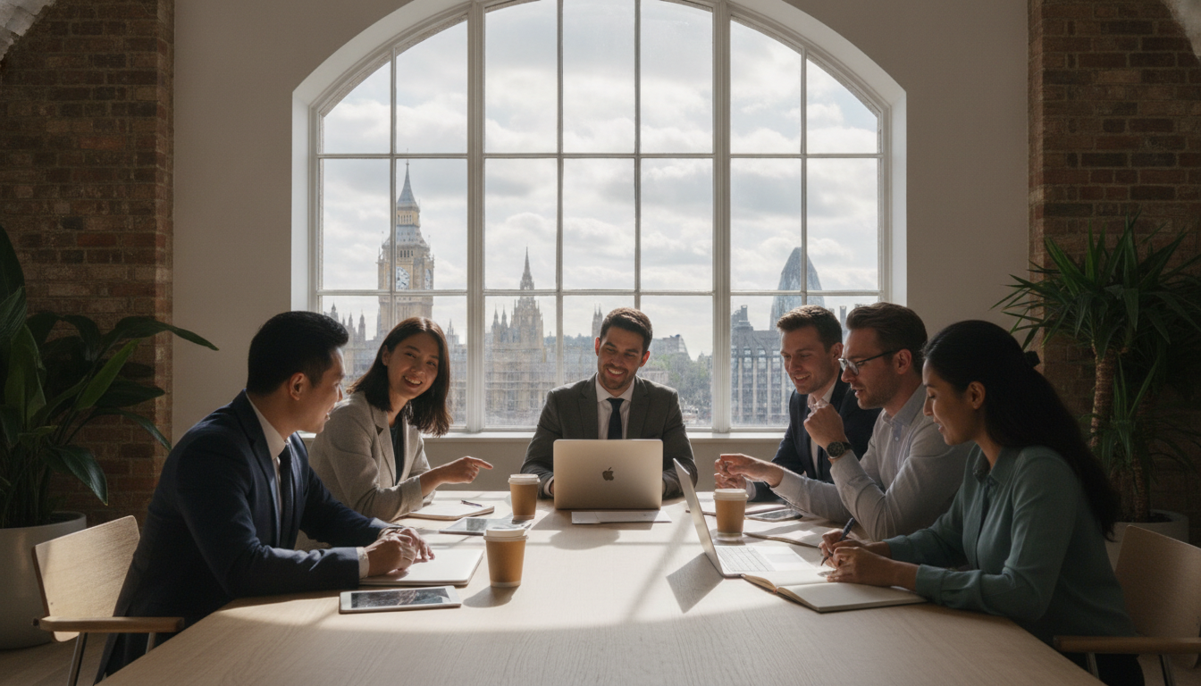 A diverse group of young entrepreneurs collaborating around a wooden table in a bright, modern London co-working space, with Big Ben visible through a large window in the background, cinematic lighting, photorealistic style.