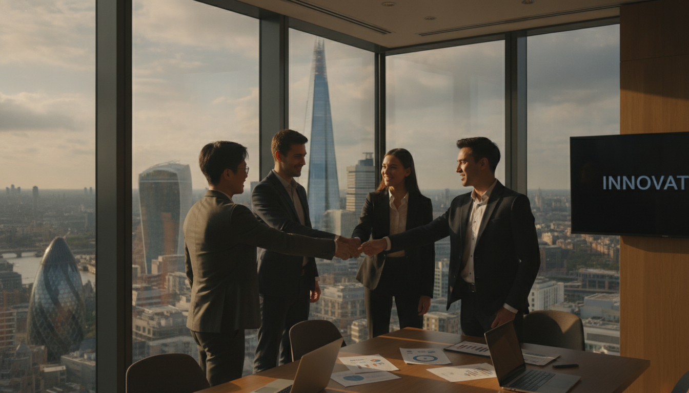 A high-resolution, photorealistic image of a diverse group of young entrepreneurs shaking hands in a modern, glass-walled office in London with the Shard and iconic London architecture visible through the window.