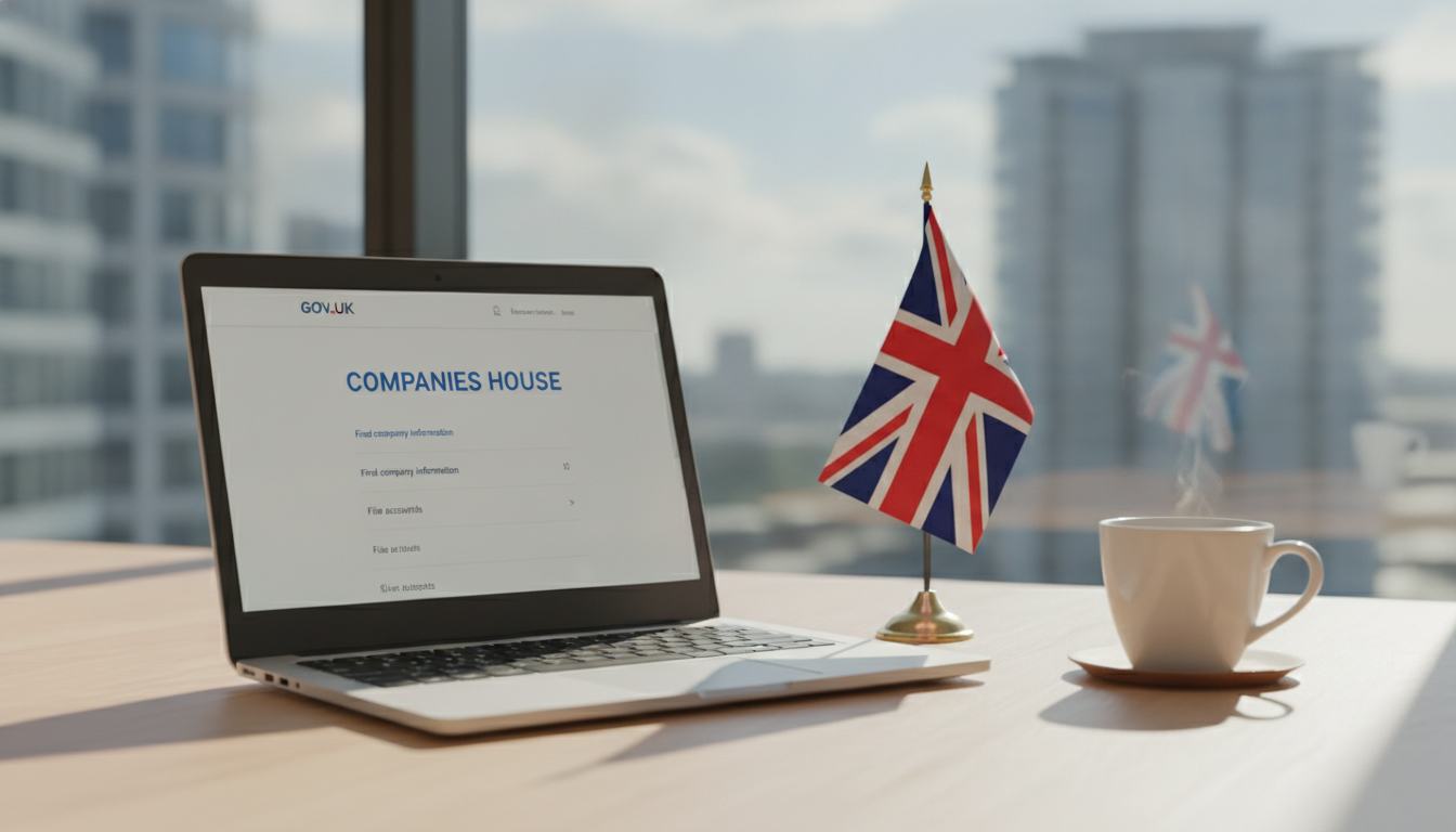 A photorealistic image of a sleek modern laptop on a wooden desk. The screen shows the official UK Companies House website. Next to the laptop is a cup of coffee and a small decorative Union Jack flag, with a blurred sunny city background through a window.