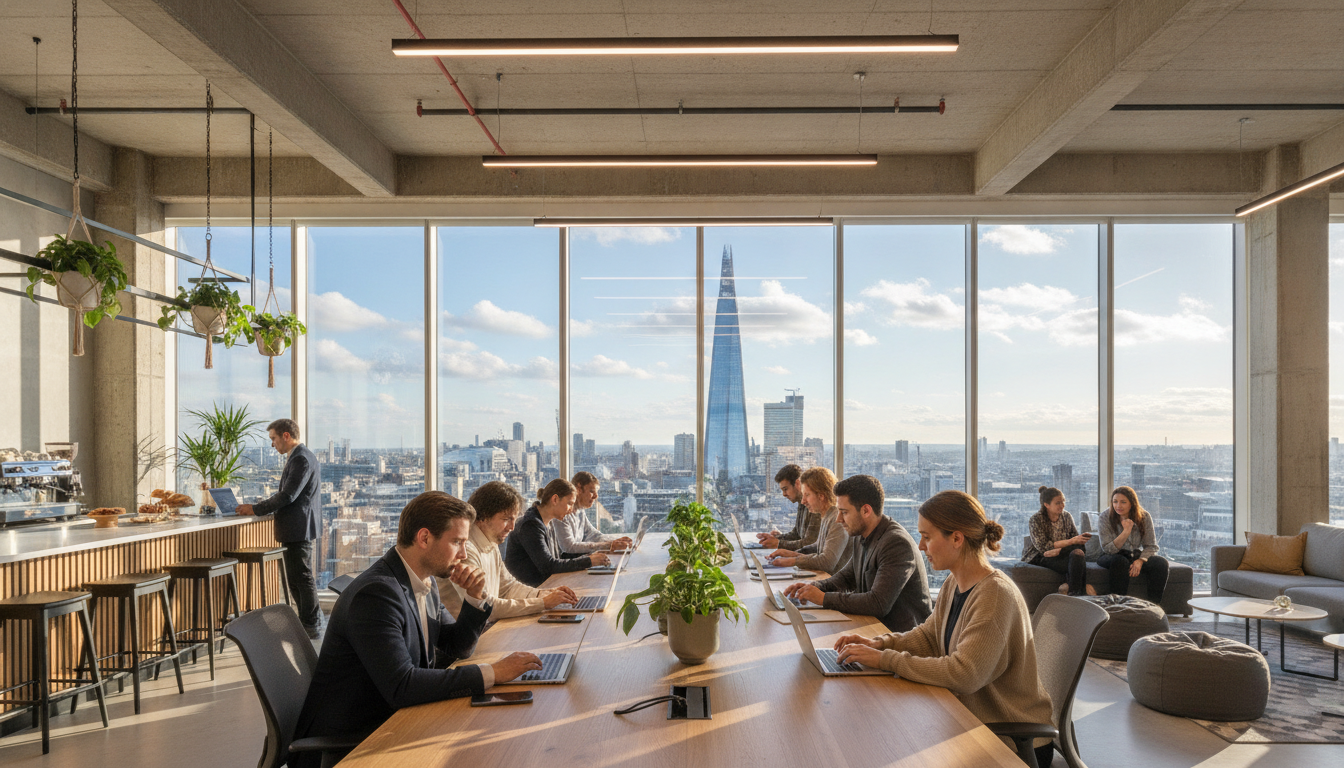 A wide-angle, photorealistic shot of a modern co-working space in central London, featuring diverse professionals collaborating around wooden desks with laptops, with the Shard skyscraper visible through a large glass window in the background during a bright afternoon.