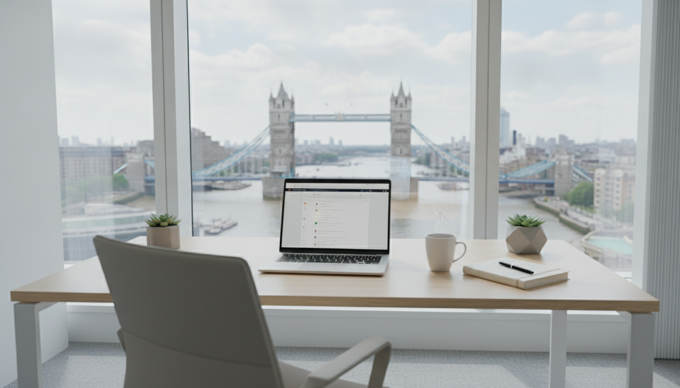 A professional and clean workspace in a modern London office with a view of the Tower Bridge through the window, featuring a laptop, a notebook, and a cup of coffee, captured in a bright, photorealistic style.