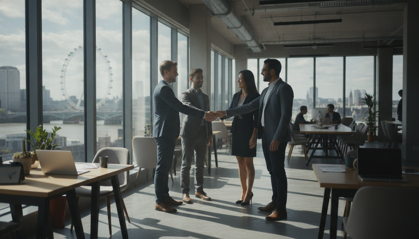 A photorealistic, high-resolution image of a diverse group of entrepreneurs shaking hands in a modern, sunlit London co-working space with a view of the iconic London Eye in the background.