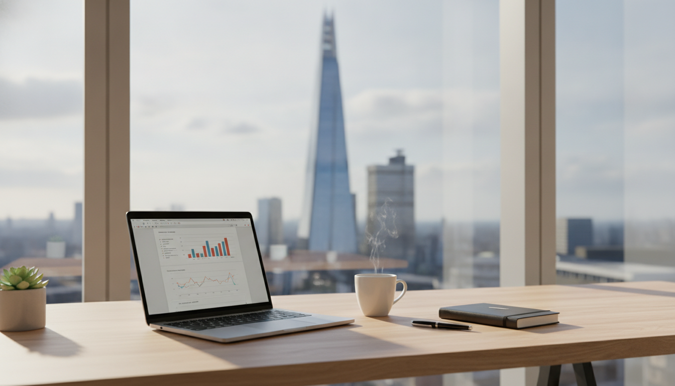 A professional and clean workspace in a modern London office with a view of the Shard through the window. A high-end laptop, a cup of coffee, and a sleek notepad are on a minimalist wooden desk, captured in a high-quality, photorealistic style with soft natural lighting.